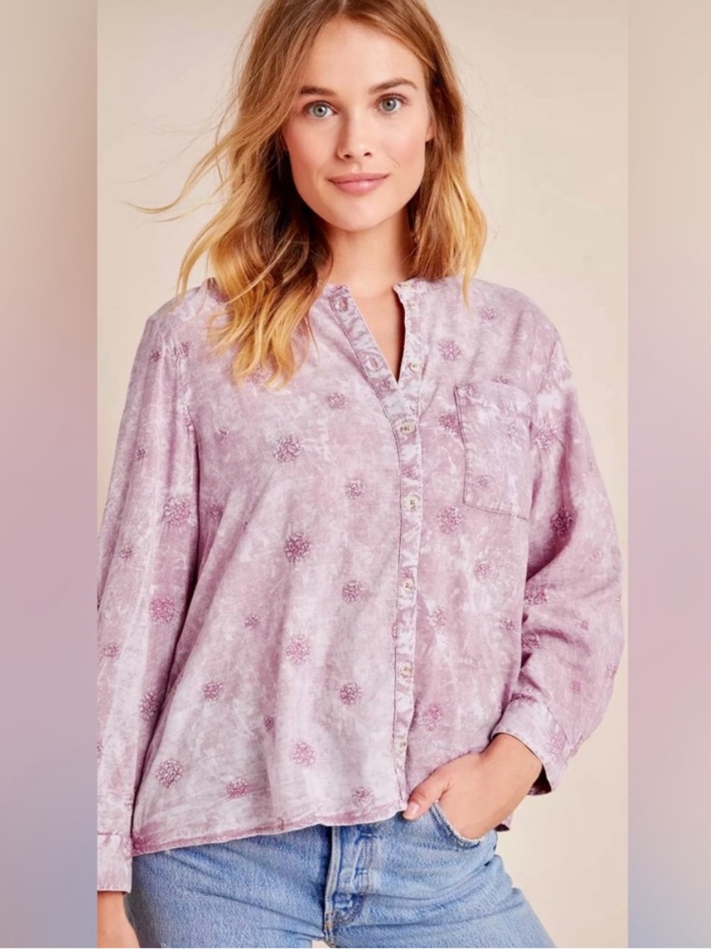 Pilcro Embroidered Flowy Pink Button Up Shirt size Medium